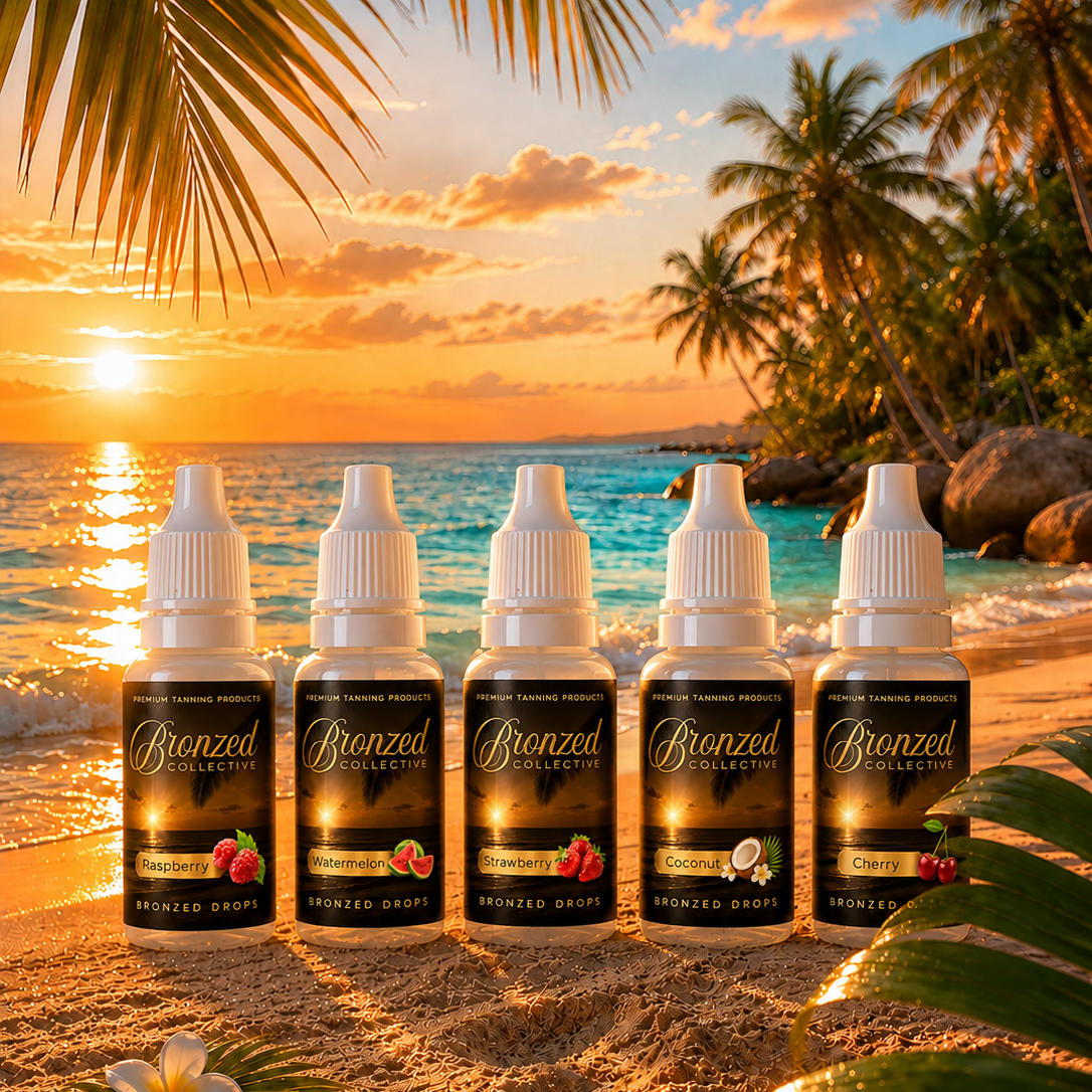 Five bottles of Bronzed Bronzer Collection on a beach with a sunset and palm trees in the background.