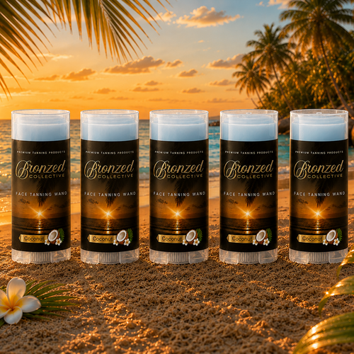 Five bottles of Bronzed Products tanning wax on a beach with palm trees and sunset in the background.