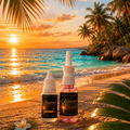 Two bottles of 'Breathe' on a tropical beach at sunset with palm trees and ocean.