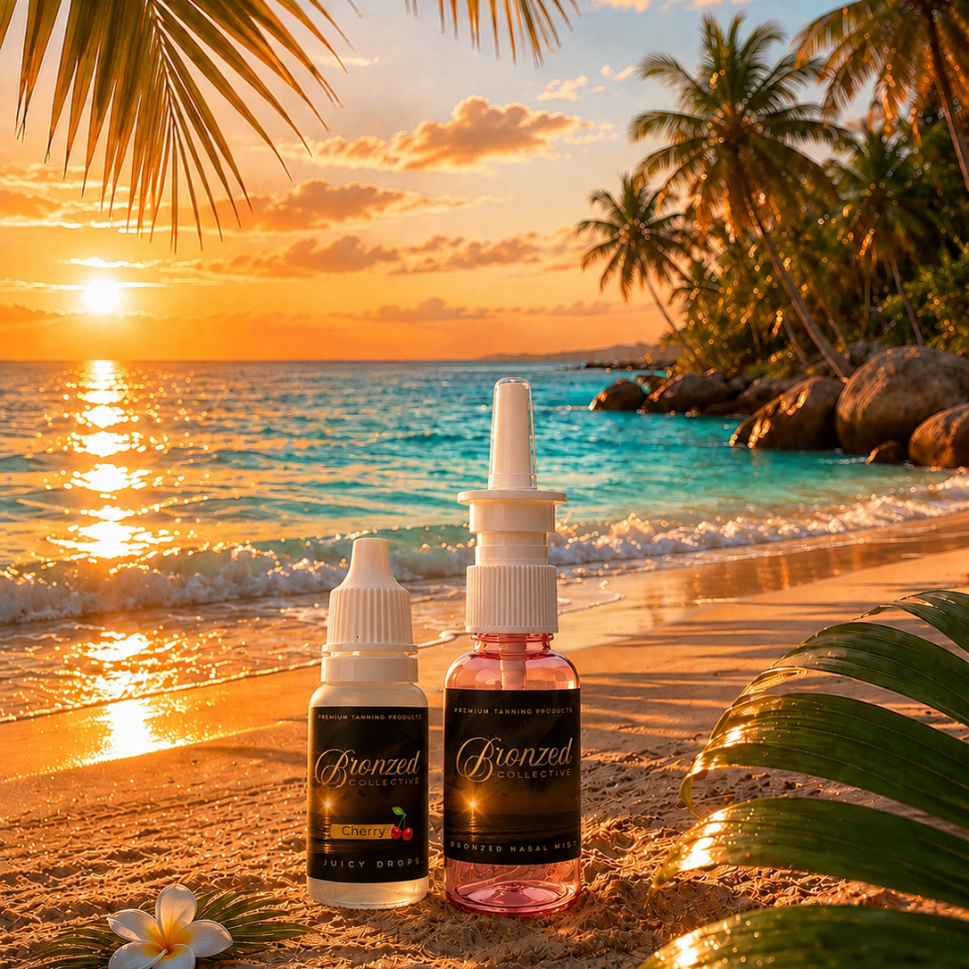 Two bottles of 'Breathe' on a tropical beach at sunset with palm trees and ocean.