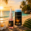 Bronzed Collective tanning product on a beach with sunset and palm trees in the background