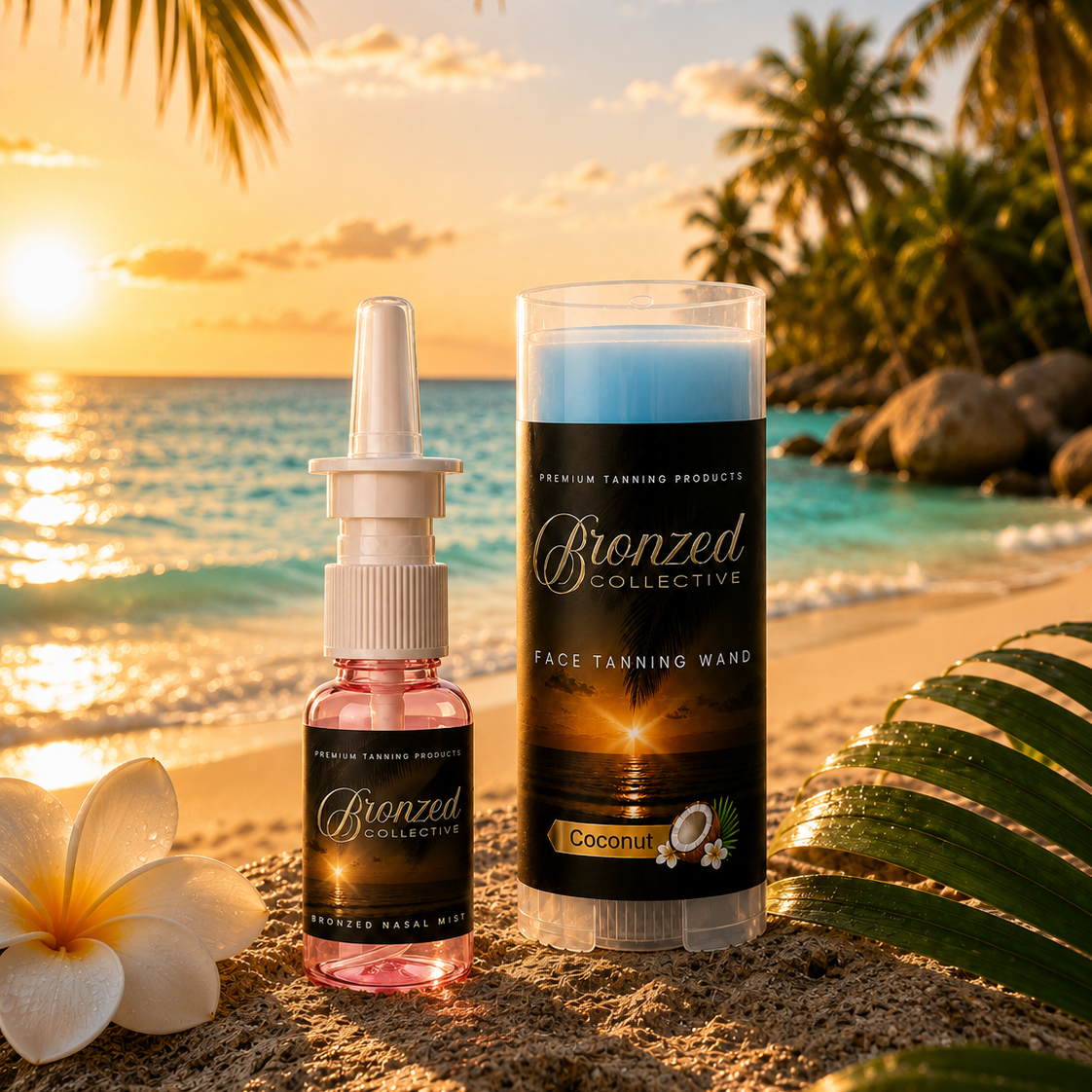 Bronzed Collective tanning product on a beach with sunset and palm trees in the background